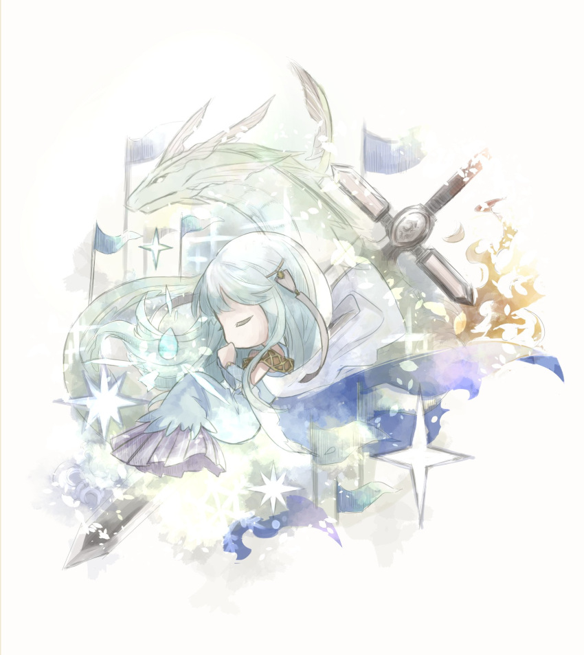 1girl bare_shoulders blue_hair chibi closed_eyes dragon dress durandal_(fire_emblem) fire_emblem fire_emblem:_rekka_no_ken hair_ornament highres long_hair mamkute ninian sleeping sword weapon yuhkirby