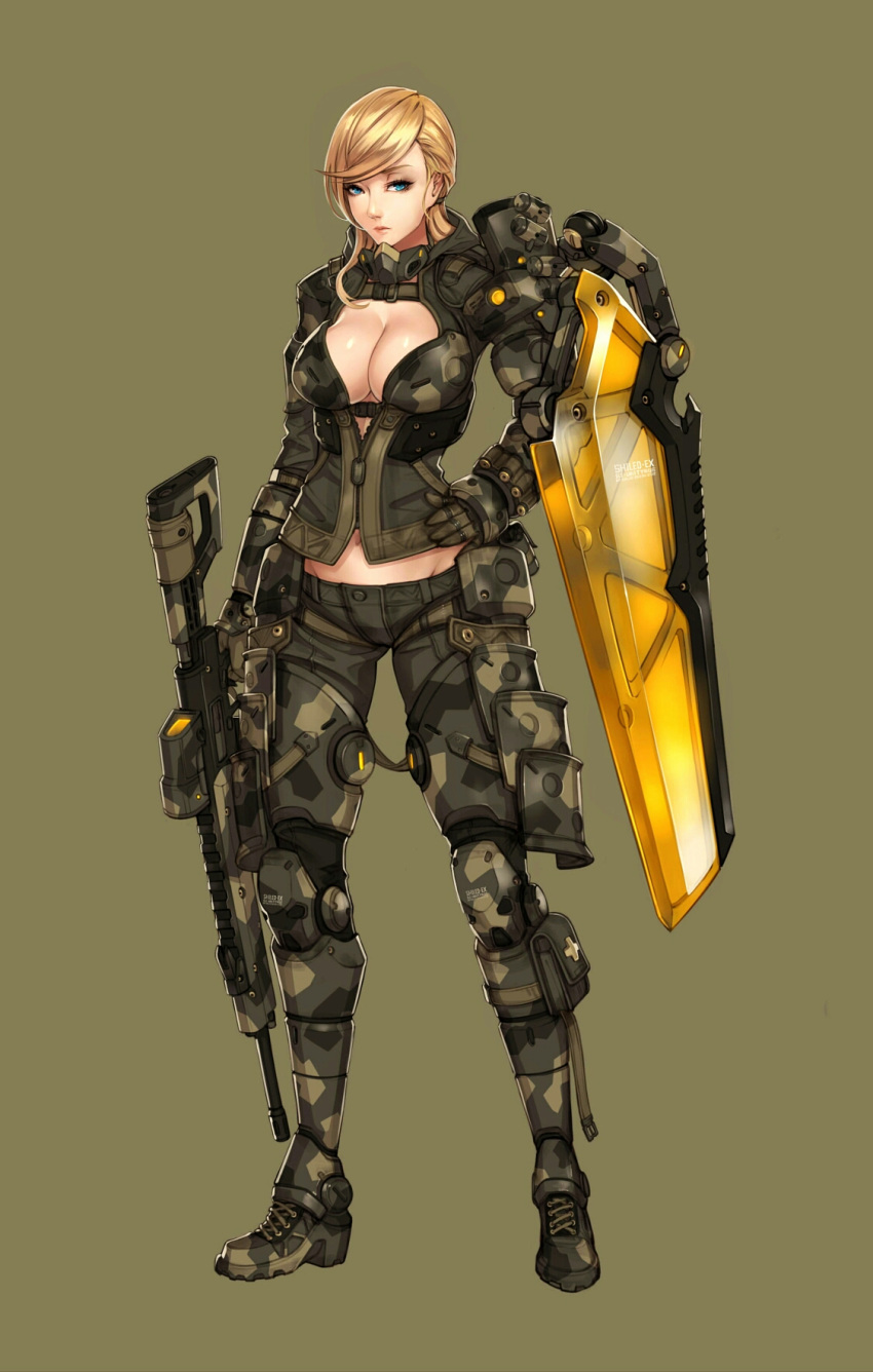 1girl assault_rifle blonde_hair blue_eyes breasts camouflage camouflage_gloves camouflage_pants cleavage full_body groin gun hand_on_hip highres hood hood_down large_breasts looking_at_viewer pants pouch rifle solo standing weapon wei_(kaminari0411) zipper