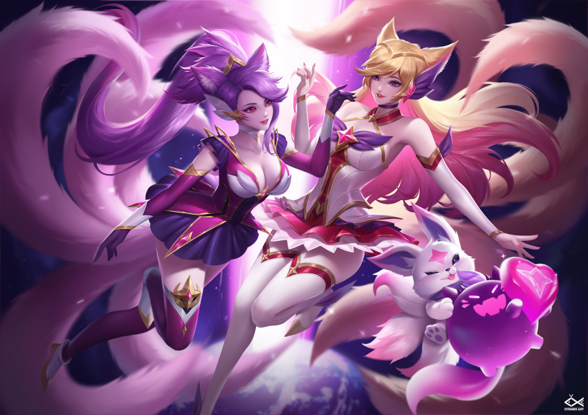2girls ahri alternate_color alternate_costume alternate_eye_color alternate_hairstyle animal_ears bangs bare_shoulders blonde_hair boots breasts choker citemer cleavage detached_sleeves earth elbow_gloves familiar fluffy_ears fox_ears fox_girl fox_tail full_body gloves hair_ornament heart highres large_breasts league_of_legends lipstick long_hair makeup multicolored_hair multiple_girls nail_polish parted_lips pink_hair ponytail purple_hair red_eyes skirt sky star_guardian_ahri swept_bangs tail thigh-highs thigh_boots two-tone_hair very_long_hair violet_eyes zettai_ryouiki
