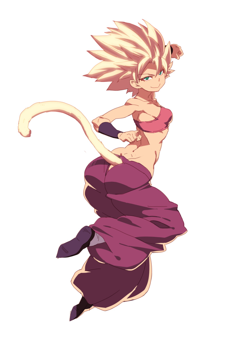 1girl ass bare_shoulders beltbra blonde_hair breasts caulifla clenched_hand closed_mouth dragon_ball dragon_ball_super from_behind full_body green_eyes highres jumping long_hair looking_at_viewer looking_back medium_breasts monkey_tail pants puffy_pants purple_pants simple_background smile solo spiky_hair super_saiyan tail tasaka_shinnosuke white_background wristband