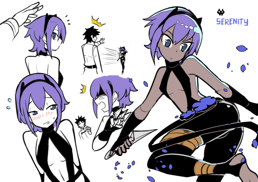 ass assassin_(fate/prototype_fragments) bangs bare_shoulders black_gloves blush breasts dark_skin fate/grand_order fate/prototype fate/prototype:_fragments_of_blue_and_silver fate_(series) flower fujimaru_ritsuka_(male) gloves hairband knife looking_at_viewer looking_to_the_side purple_hair sen-jou short_hair simple_background smile violet_eyes white_background