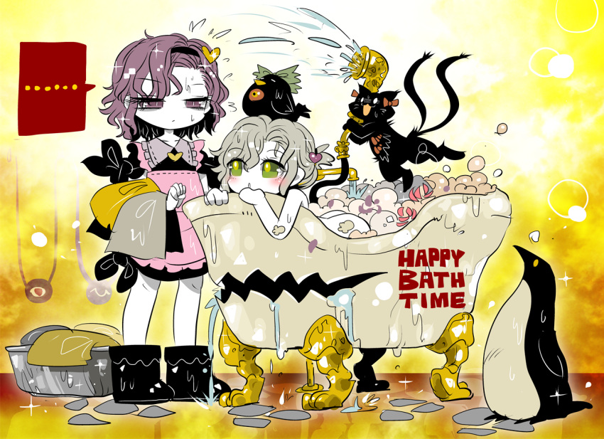 ... 2girls :o animal annoyed apron bath bathing bathtub bird bow bubble cat clothes faucet green_eyes grey_hair hair_bow hair_ornament hairband heart kaenbyou_rin kaenbyou_rin_(cat) komeiji_koishi komeiji_satori multiple_girls multiple_tails nude open_mouth penguin pink_eyes pink_hair reiuji_utsuho reiuji_utsuho_(bird) shoes short_hair tail third_eye touhou two_tails water yt_(wai-tei)