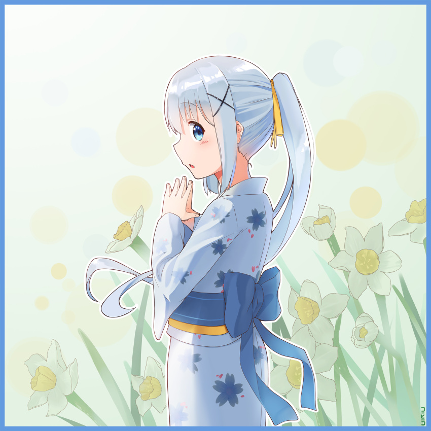 1girl :o alternate_hairstyle bangs blue_border blue_eyes blue_kimono blush cherry_blossom_print closed_eyes coffeiz_p cowboy_shot eyebrows_visible_through_hair fingers_together flower from_side gochuumon_wa_usagi_desu_ka? gradient gradient_background hair_ornament hair_ribbon hairclip highres japanese_clothes kafuu_chino kimono light_blue_hair long_hair long_sleeves looking_at_viewer obi open_mouth outline ponytail print_kimono ribbon sash sidelocks solo standing white_outline wide_sleeves x_hair_ornament yellow_ribbon