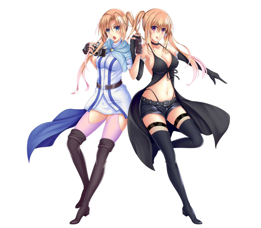 2girls black_gloves black_legwear blonde_hair blue_eyes blush boots breasts brown_footwear camera character_request cleavage closed_mouth collarbone eyebrows eyebrows_visible_through_hair faker_(pili524) fingerless_gloves gloves high_heel_boots high_heels highres holding holding_camera large_breasts long_hair looking_at_viewer multiple_girls navel open_mouth smile thigh-highs thigh_boots thong tongue tongue_out trinity_seven twintails violet_eyes