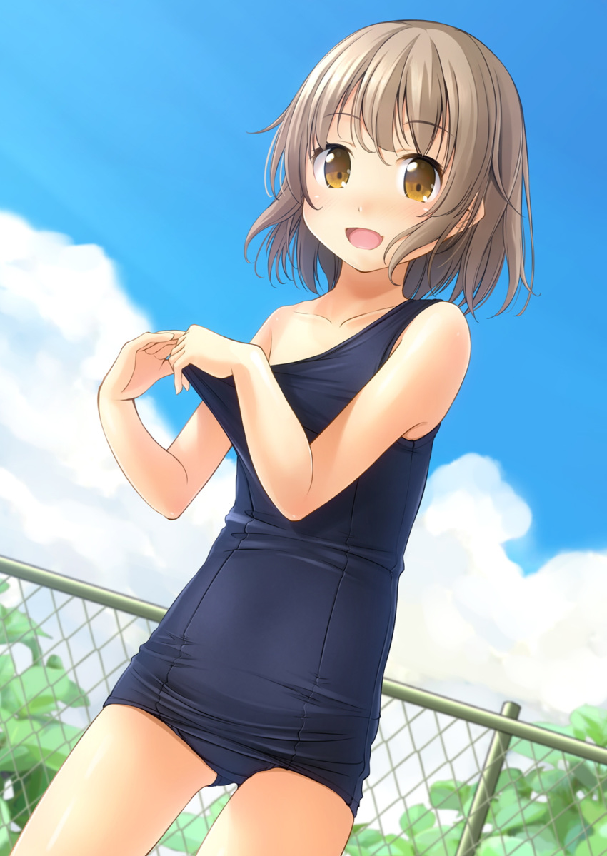 1girl :d bangs bare_arms bare_shoulders blue_sky blue_swimsuit blush brown_eyes brown_hair chain-link_fence clouds commentary_request day dutch_angle eyebrows_visible_through_hair fang fence hair_between_eyes highres looking_at_viewer old_school_swimsuit one-piece_swimsuit open_mouth original outdoors pulled_by_self school_swimsuit shibacha sky smile solo standing strap_pull swimsuit