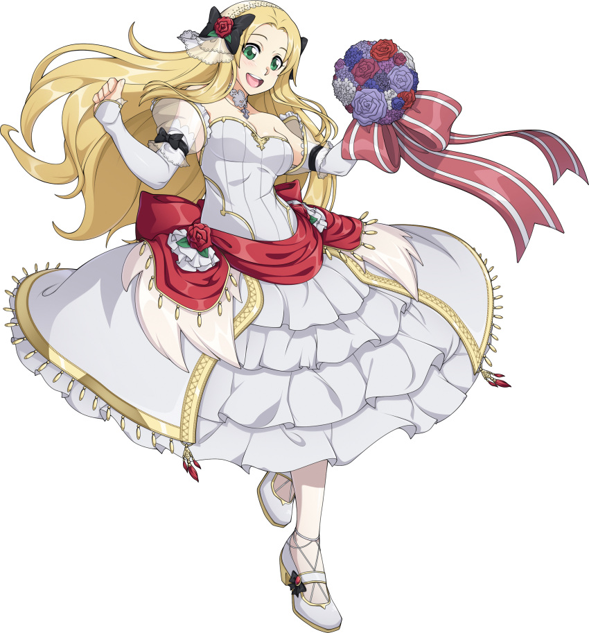 1girl absurdres blonde_hair bouquet bow breasts bridal_veil bride commentary commission detached_sleeves dress eyebrows flower forehead full_body gamers! gorget green_eyes hair_bow highres long_dress long_hair long_sleeves medium_breasts puffy_long_sleeves puffy_sleeves rose see-through smile solo spike_wible tendou_karen transparent_background veil wedding_dress white_footwear