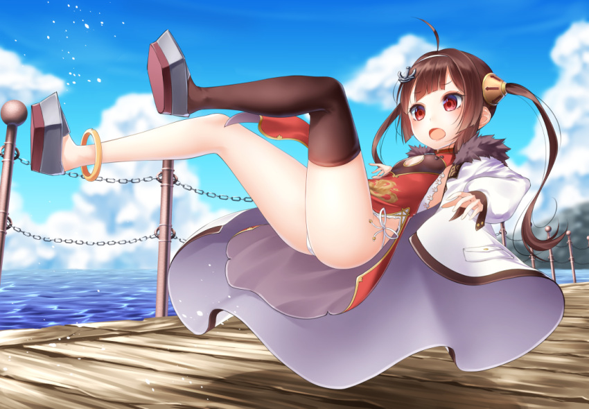 1girl ahoge azur_lane bangs black_legwear blunt_bangs breasts brown_hair china_dress chinese_clothes dress falling hair_ornament long_hair outdoors panties ping_hai_(azur_lane) red_eyes side-tie_panties single_thighhigh small_breasts solo thigh-highs twintails underwear yamaishi_nohi