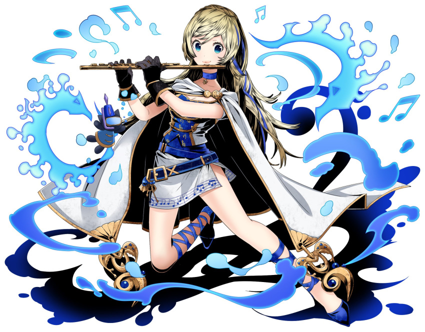 1girl ankle_ribbon black_gloves blonde_hair blue_eyes blue_footwear blue_ribbon breasts cape choker cleavage collarbone divine_gate full_body gloves grey_skirt hair_ribbon highres holding holding_instrument instrument long_hair looking_at_viewer medium_breasts miniskirt music musical_note musical_note_print playing_instrument ribbon simple_background skirt solo ucmm very_long_hair white_background white_cape