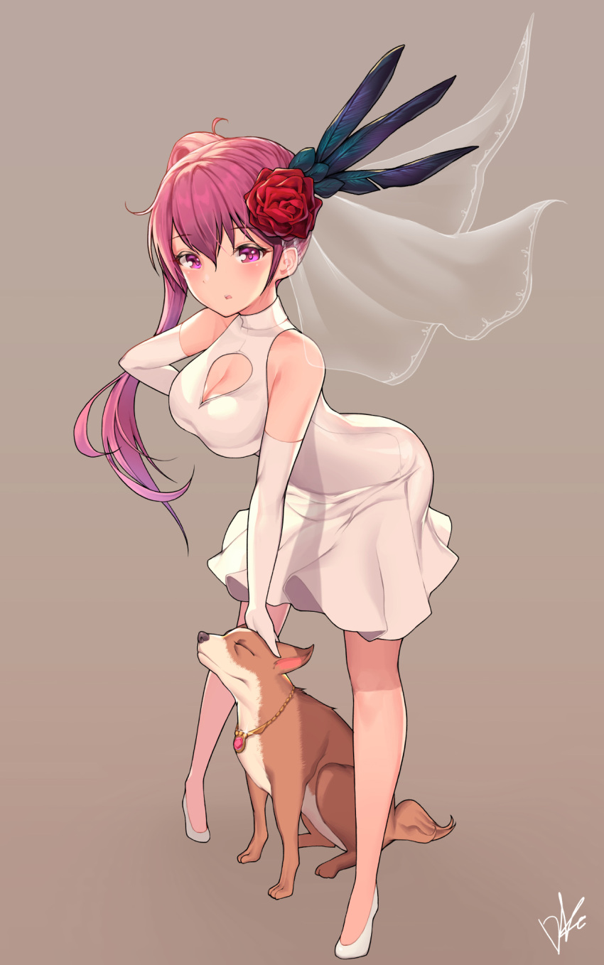 1girl animal artist_name blush breasts cleavage dog elbow_gloves eyebrows_visible_through_hair flower gloves hair_flower hair_ornament high_heels highres large_breasts lee_seok_ho long_hair looking_at_viewer original parted_lips petting pink_eyes pink_hair red_rose rose side_ponytail signature solo white_gloves