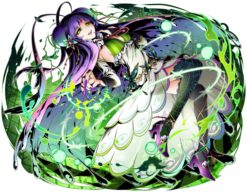 1girl :d breasts cleavage divine_gate dress fingernails floating_hair green_eyes hair_ornament high_heels highres long_dress long_hair medium_breasts nail_polish open_mouth purple_footwear purple_hair purple_nails sharp_fingernails side_ponytail simple_background smile solo thigh-highs ucmm very_long_hair white_background