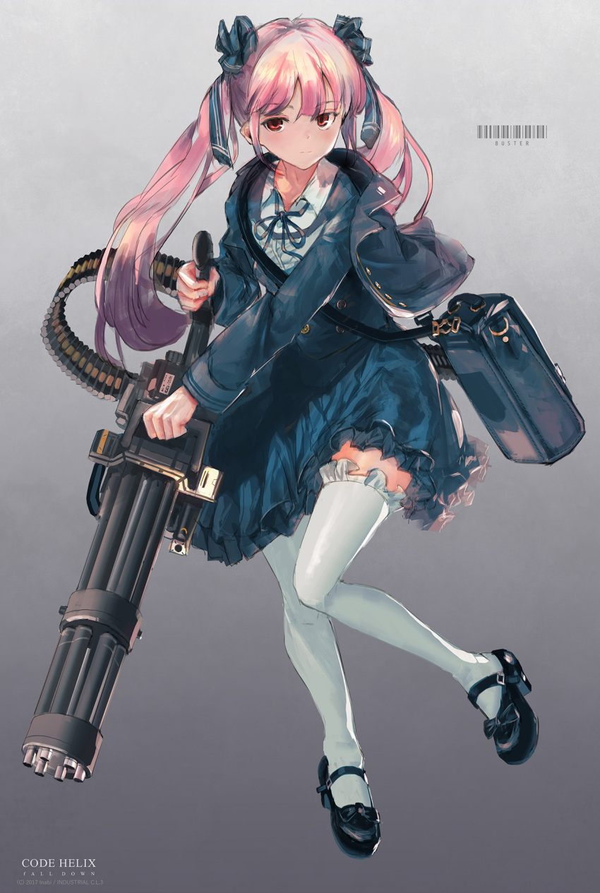 1girl :| ammunition_belt artist_name bag bangs barcode black_footwear buttons closed_mouth commentary double-breasted english eyebrows_visible_through_hair frilled_skirt frills full_body gatling_gun gradient gradient_background gun hair_ornament highres holding holding_gun holding_weapon inabi jacket knees_together_feet_apart long_hair long_sleeves looking_at_viewer mary_janes minigun one_leg_raised original pink_hair red_eyes shoes shoulder_bag skirt skirt_set solo standing standing_on_one_leg thigh-highs twintails watermark weapon white_legwear