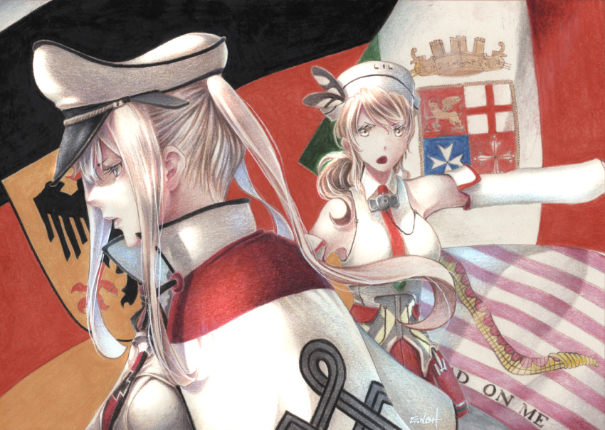 2girls artist_name bare_shoulders blonde_hair blue_eyes brown_eyes brown_hair capelet detached_sleeves graf_zeppelin_(kantai_collection) hat kantai_collection littorio_(kantai_collection) long_hair military military_uniform multiple_girls open_mouth peaked_cap pleated_skirt red_skirt shirt sidelocks skirt tesun_(g_noh) twintails uniform white_shirt