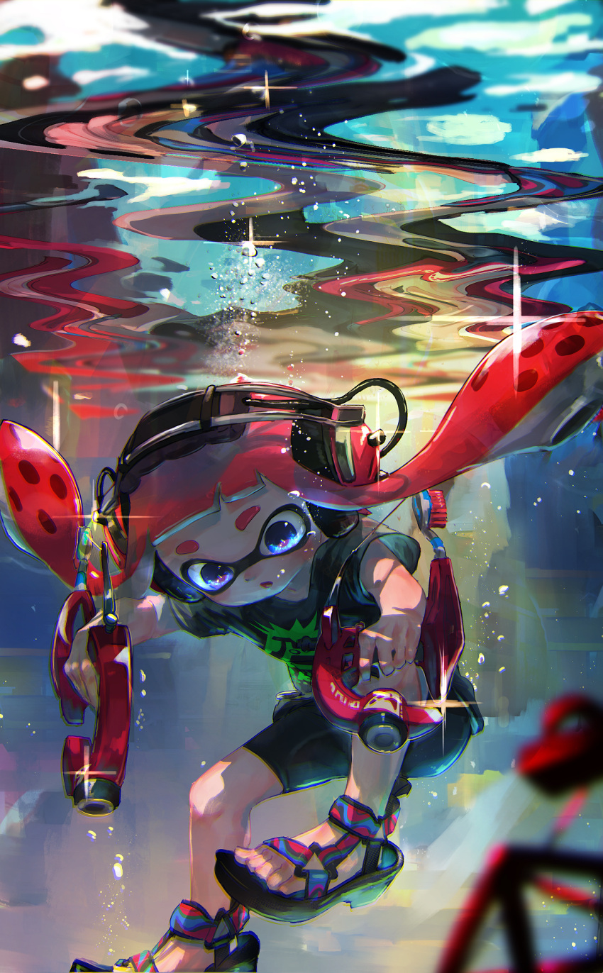 1girl air_bubble bangs bare_arms bare_legs barefoot_sandals bike_shorts black_shorts blue_eyes blunt_bangs bubble diving domino_mask dual_wielding ear_protection hands_in_pockets headphones highres holding holding_weapon inkling kashu_(hizake) knees_up long_hair looking_down mask open_mouth redhead sandals shirt short_sleeves shorts solo splat_dualies_(splatoon) splatoon submerged t-shirt tentacle_hair toes underwater water weapon