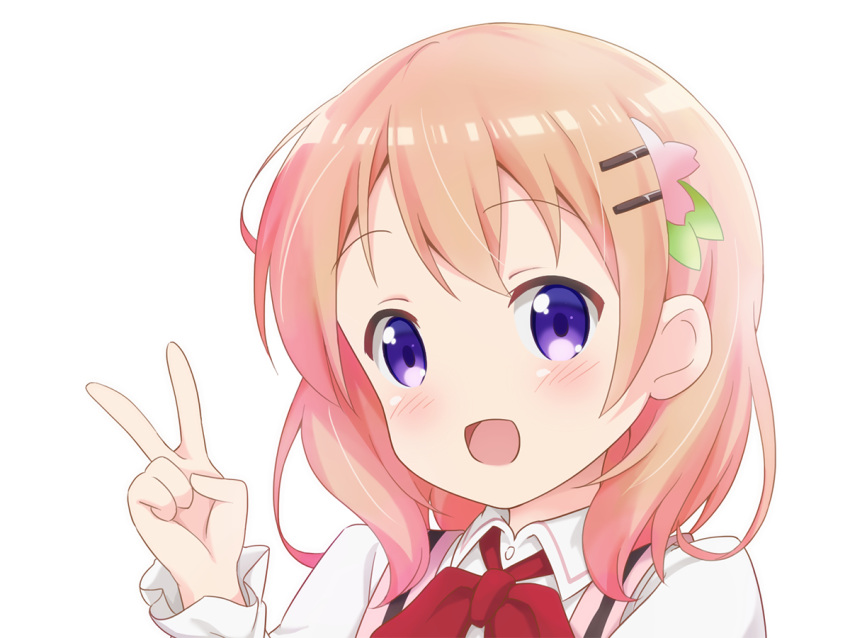 1girl :d bangs blush bow bowtie collared_shirt commentary eyebrows_visible_through_hair gochuumon_wa_usagi_desu_ka? hair_ornament hairclip hoto_cocoa long_sleeves looking_at_viewer open_mouth orange_hair pink_vest portrait rabbit_house_uniform red_neckwear red_star_(toranecomet) shirt short_hair simple_background smile solo v violet_eyes white_background white_shirt wing_collar