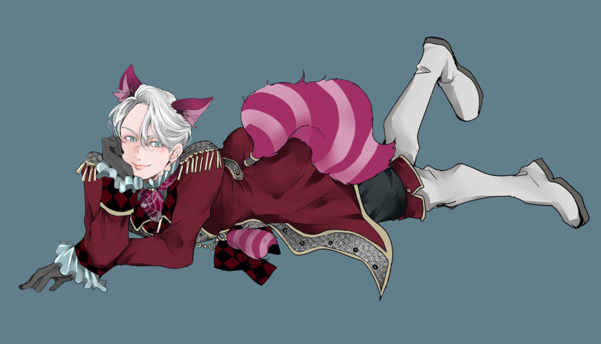 1boy alice_in_wonderland animal_ears black_gloves blue_eyes boots cat_ears cat_tail cheshire_cat cheshire_cat_(cosplay) chin_rest cosplay epaulettes gloves highres knee_boots lying male_focus on_stomach saeko_(artist) silver_hair smile tail viktor_nikiforov yuri!!!_on_ice