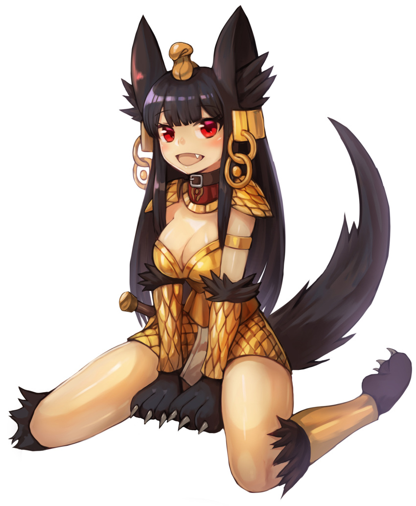 1girl :d alternate_costume animal_ears anubis_(monster_girl_encyclopedia) bangs belt_collar blush breasts claws cleavage collar earrings eyebrows_visible_through_hair fang full_body hair_ornament highres jewelry looking_at_viewer medium_breasts monster_girl monster_girl_encyclopedia open_mouth paws red_eyes scale_armor simple_background sitting smile snake_hair_ornament solo sookmo spaulders tail wariza white_background wolf_ears wolf_tail