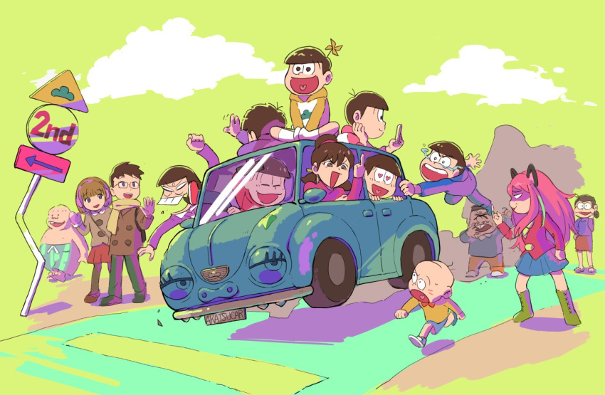 4girls 6+boys arm_behind_head boots brothers buck_teeth car cellphone chibita couple dayoon driving facial_hair family glasses_boy_(osomatsu-san) green_background ground_vehicle hashimoto_nyaa heart heart-shaped_pupils heart_in_mouth isa_(garashi) iyami matsuno_choromatsu matsuno_ichimatsu matsuno_juushimatsu matsuno_karamatsu matsuno_matsuyo matsuno_matsuzou matsuno_osomatsu matsuno_todomatsu middle_finger motor_vehicle multiple_boys multiple_girls mustache osomatsu-kun osomatsu-san phone pinwheel road_sign scarf sextuplets short-haired_girl_(osomatsu-san) siblings sign simple_background smartphone symbol-shaped_pupils waving yowai_totoko