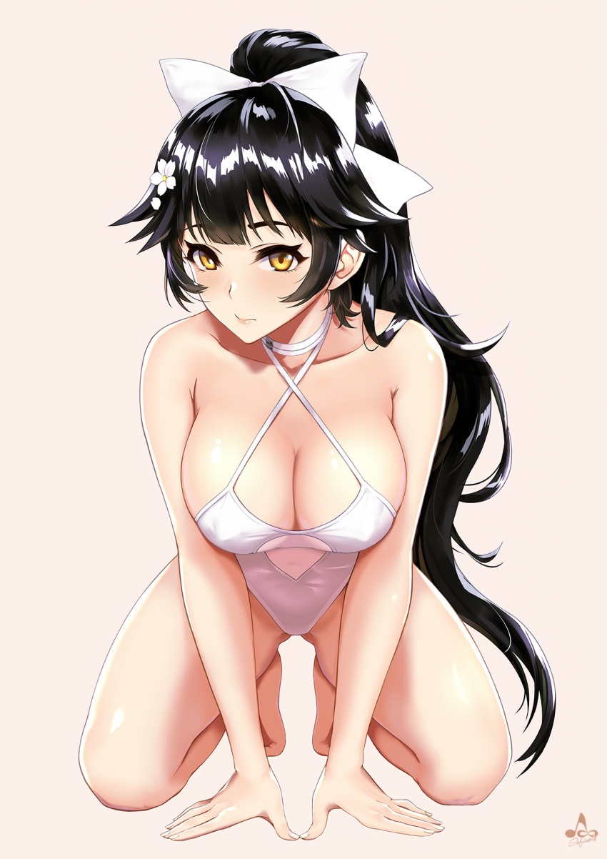 1girl all_fours azur_lane bangs bare_legs bare_shoulders barefoot black_hair breasts cleavage collarbone commentary covered_navel eyebrows_visible_through_hair full_body hair_ornament highres infinote large_breasts long_hair looking_at_viewer ponytail signature simple_background swimsuit takao_(azur_lane) white_swimsuit yellow_eyes