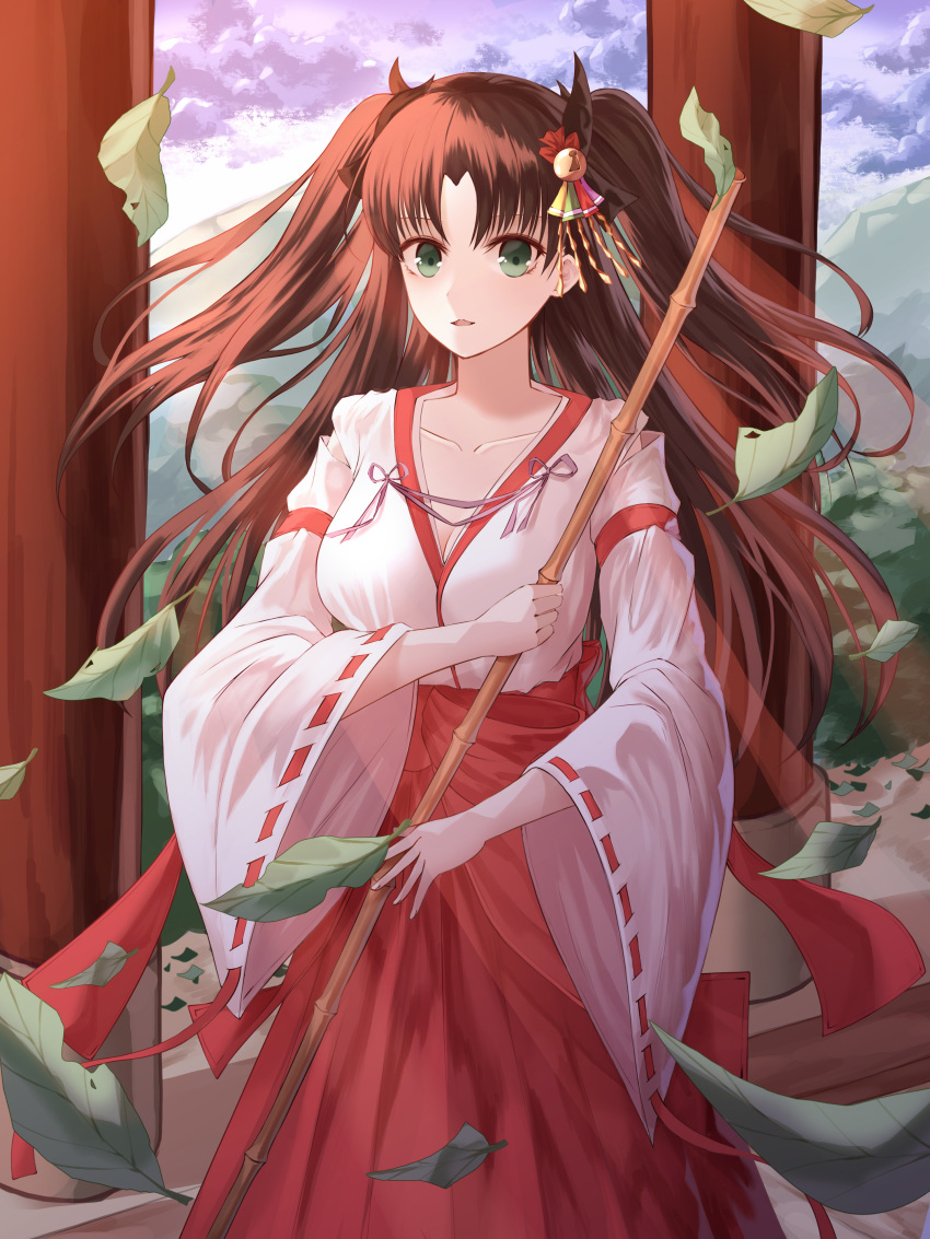 1girl absurdres alternate_costume bangs bell black_ribbon blush bow breasts broom brown_hair cleavage clouds cloudy_sky collarbone cowboy_shot day fate/stay_night fate_(series) hair_bell hair_ornament hair_ribbon hakama highres holding holding_broom japanese_clothes jingle_bell kimono leaf long_hair long_sleeves looking_at_viewer medium_breasts miko open_mouth outdoors parted_bangs pillar red_bow red_hakama red_ribbon ribbon ribbon-trimmed_sleeves ribbon_trim sky smile solo standing tohsaka_rin two_side_up white_kimono wide_sleeves yagyun