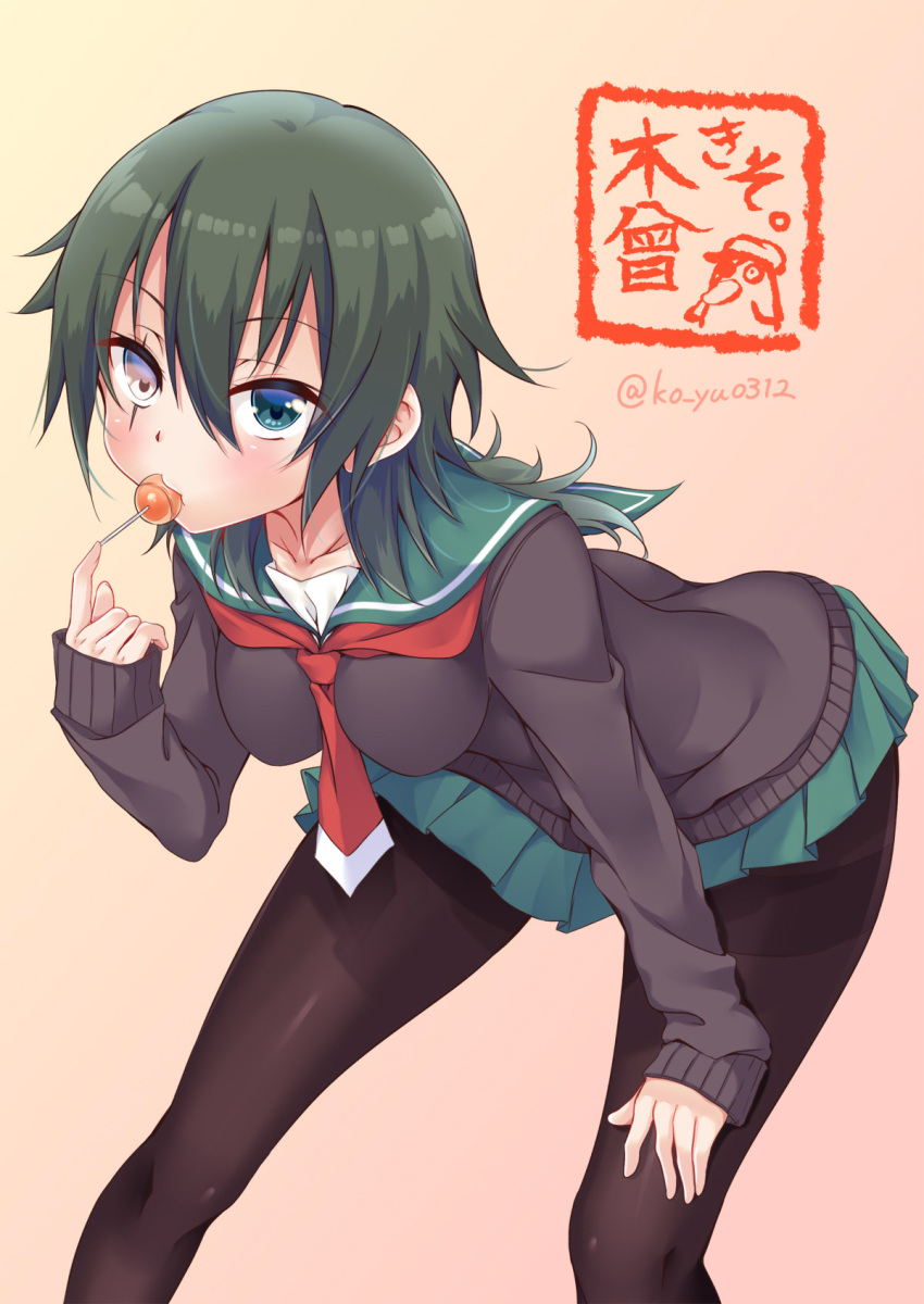 1girl alternate_costume artist_signature black_cardigan black_legwear blouse breasts cardigan character_name food green_eyes green_hair green_skirt hat hat_removed headwear_removed heterochromia highres kantai_collection kiso_(kantai_collection) ko_yu leaning_forward long_sleeves looking_at_viewer medium_breasts military military_uniform naval_uniform neckerchief pantyhose pink_background pleated_skirt popsicle red_neckwear scar school_uniform serafuku short_hair skirt solo standing thighband_pantyhose twitter_username uniform yellow_eyes