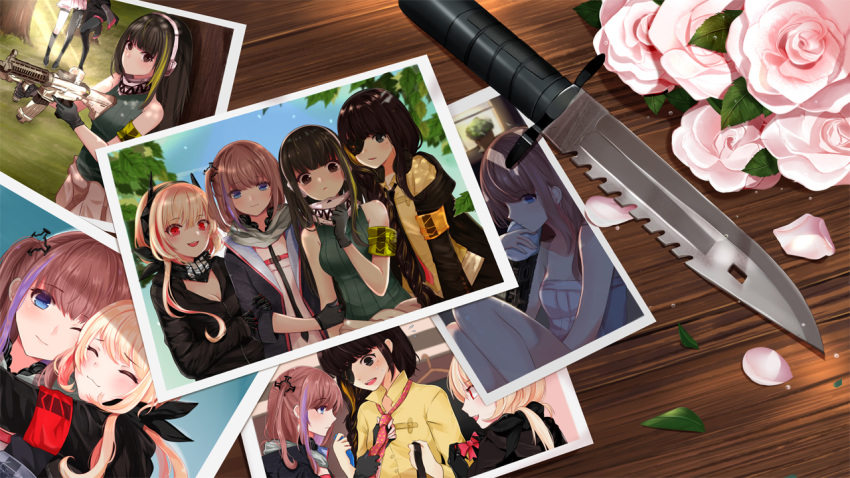:3 ^_^ armband assault_rifle bandanna bangs black_eyes black_gloves black_hair black_neckwear blonde_hair blue_eyes blush braid breasts brown_eyes brown_hair chu_(huaha1320) closed_eyes closed_mouth collared_shirt eyebrows_visible_through_hair eyepatch flower girls_frontline gloves green_hair gun hair_between_eyes hairband headgear holding holding_gun holding_weapon hood hoodie hug jacket knife leaf light_smile looking_at_viewer m16a1_(girls_frontline) m4_carbine m4_sopmod_ii_(girls_frontline) m4a1_(girls_frontline) mole mole_under_eye multicolored_hair necktie one_eye_closed one_side_up open_clothes open_jacket open_mouth parted_lips petals photo_(object) pink_rose purple_hair red_eyes redhead ribbed_sweater rifle rose scarf shirt sidelocks single_braid sleeveless small_breasts smile st_ar-15_(girls_frontline) streaked_hair sweater teeth trigger_discipline weapon white_scarf yellow_shirt