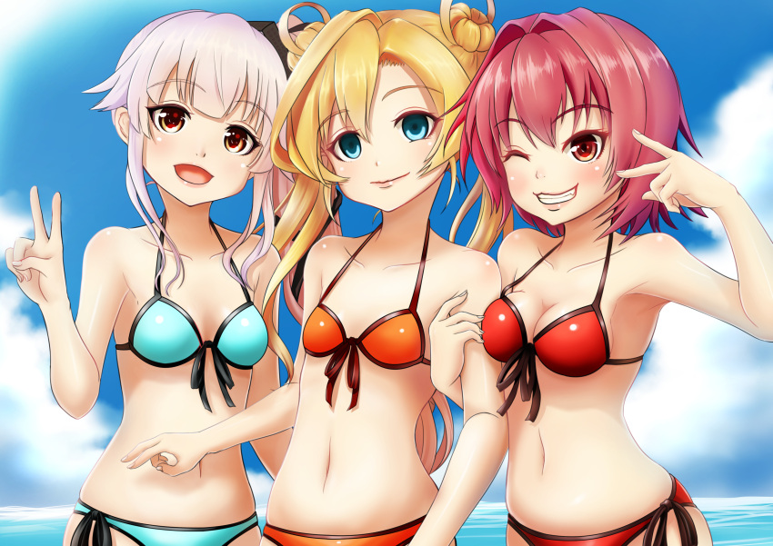 3girls absurdres abukuma_(kantai_collection) arm_hug bikini blonde_hair blue_bikini blue_eyes breast_press breasts day empty_eyes fang flat_chest front-tie_bikini front-tie_top girl_sandwich grin highres kantai_collection kinu_(kantai_collection) long_hair looking_at_viewer makura_(user_jpmm5733) medium_breasts multiple_girls navel ocean one_eye_closed open_mouth orange_bikini orange_eyes outdoors pink_hair pink_lips ponytail red_bikini red_eyes redhead sandwiched short_hair side-tie_bikini side_ponytail sky smile strap_gap swimsuit v very_long_hair water yura_(kantai_collection)