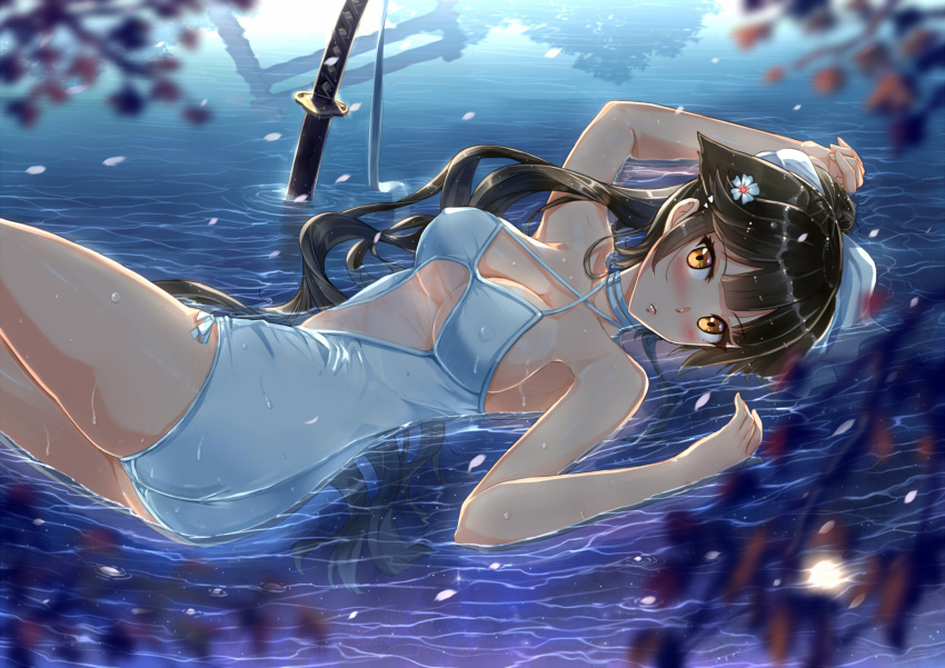 1girl azur_lane black_hair blurry_foreground blush breasts brown_eyes center_opening cleavage erect_nipples flower hair_flower hair_ornament hair_ribbon highres kazeno long_hair looking_at_viewer lying medium_breasts on_back one-piece_swimsuit partially_submerged petals ribbon sideboob solo swimsuit sword takao_(kantai_collection) torii water weapon