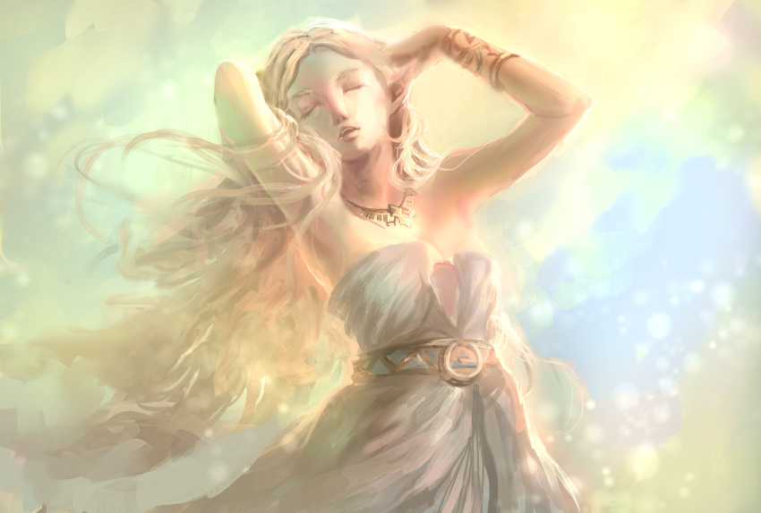 1girl arm_up armlet bare_shoulders blonde_hair closed_eyes highres jewelry long_hair matcho necklace open_mouth pointy_ears princess_zelda solo standing the_legend_of_zelda the_legend_of_zelda:_breath_of_the_wild triforce very_long_hair