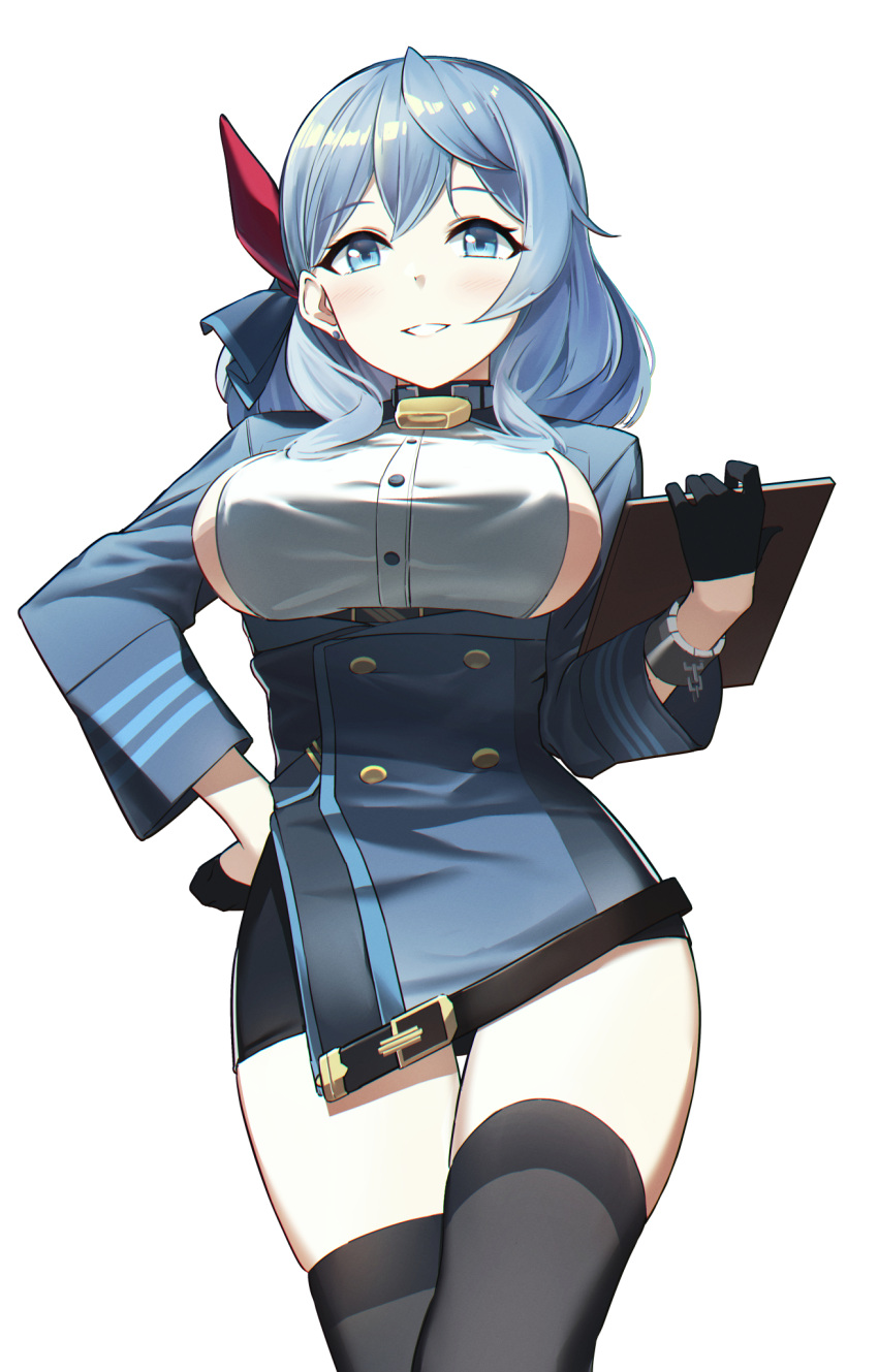 1girl ako_(blue_archive) bangs bell belt black_gloves black_legwear black_skirt blue_archive blue_coat blue_eyes blue_hair blue_hairband blue_jacket breasts brown_belt buttons chain clipboard coat cowboy_shot cuffs curvy double-breasted earrings framed_breasts fukemachi gloves grin hair_between_eyes hair_ribbon hairband half_gloves hand_on_hip highres holding holding_clipboard jacket jewelry large_breasts long_hair long_sleeves looking_at_viewer military military_uniform miniskirt neck_bell red_ribbon ribbon shackles shirt sideboob simple_background skirt smile thigh-highs uniform white_background white_shirt wide_hips