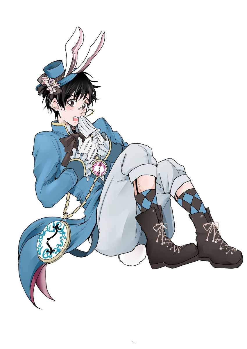 1boy alice_in_wonderland animal_ears black_hair boots brown_eyes bunny_tail coat cosplay cross-laced_footwear gloves hand_to_own_mouth hat highres katsuki_yuuri lace-up_boots male_focus mini_hat mini_top_hat monocle open_mouth pocket_watch rabbit_ears saeko_(artist) smile tail top_hat watch white_gloves white_rabbit white_rabbit_(cosplay) yuri!!!_on_ice