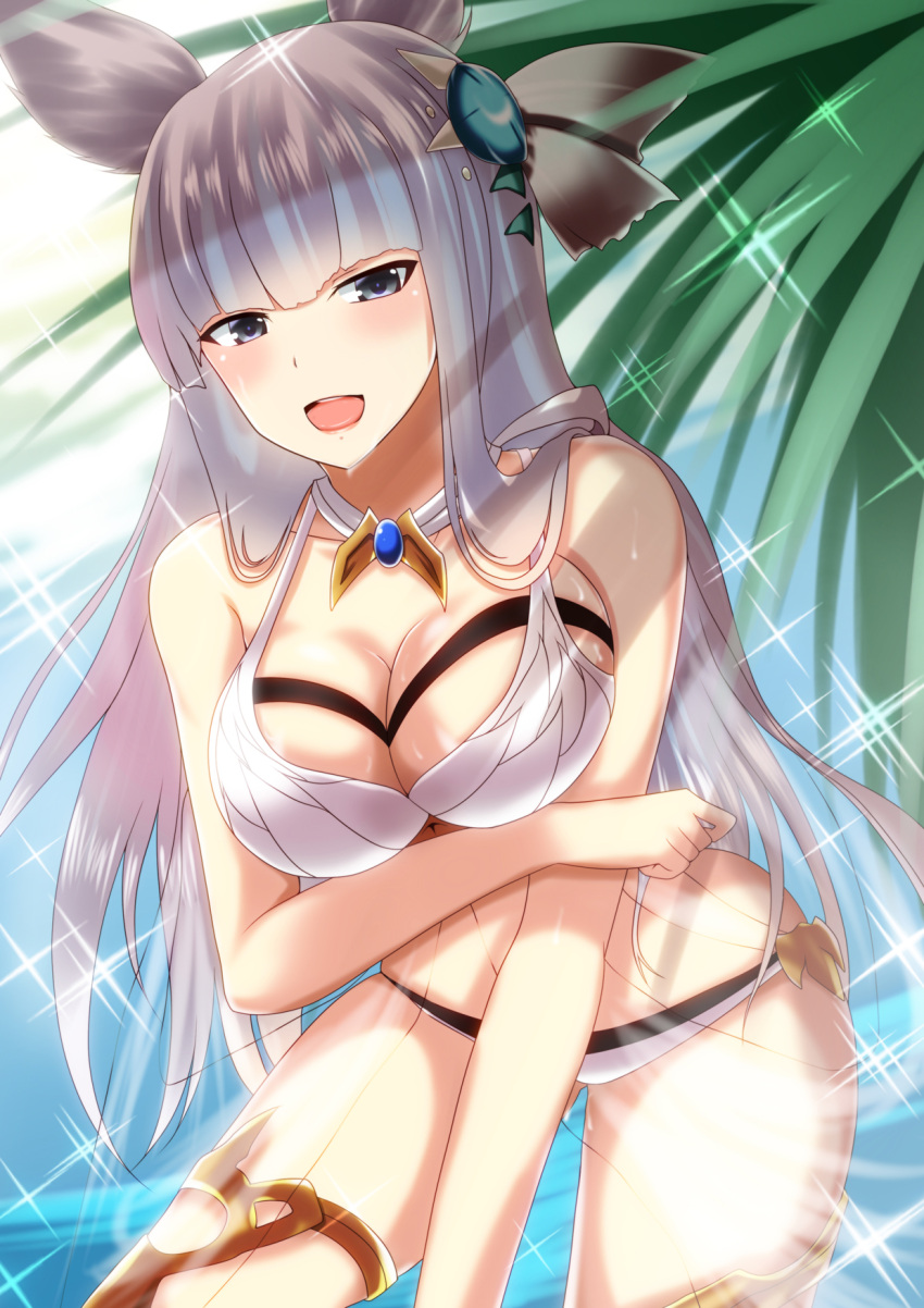 1girl ayasato_karen bangs bikini blue_eyes blunt_bangs breasts day erun_(granblue_fantasy) granblue_fantasy hair_ornament highres korwa large_breasts long_hair looking_at_viewer outdoors see-through silver_hair smile solo sparkle swimsuit