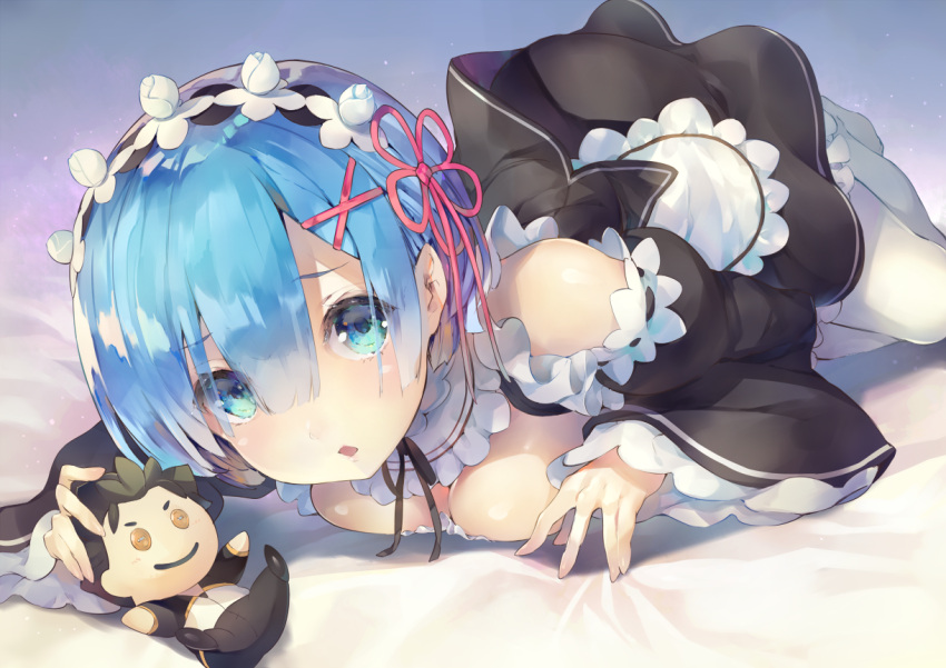 1girl bangs black_dress black_ribbon blue_eyes blue_hair blunt_bangs breast_press breasts character_doll cleavage commentary_request deecha detached_collar dress full_body hair_ornament hair_ribbon looking_at_viewer lying maid medium_breasts natsuki_subaru neck_ribbon re:zero_kara_hajimeru_isekai_seikatsu rem_(re:zero) revision ribbon short_hair solo thigh-highs white_legwear x_hair_ornament