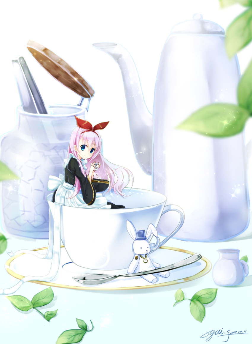 blue_eyes bow cup dated hair_bow highres long_hair looking_at_viewer original pink_hair red_bow saucer signature spoon stuffed_animal stuffed_bunny stuffed_toy sugar_cube tea_kettle teacup watch yuitsuki1206