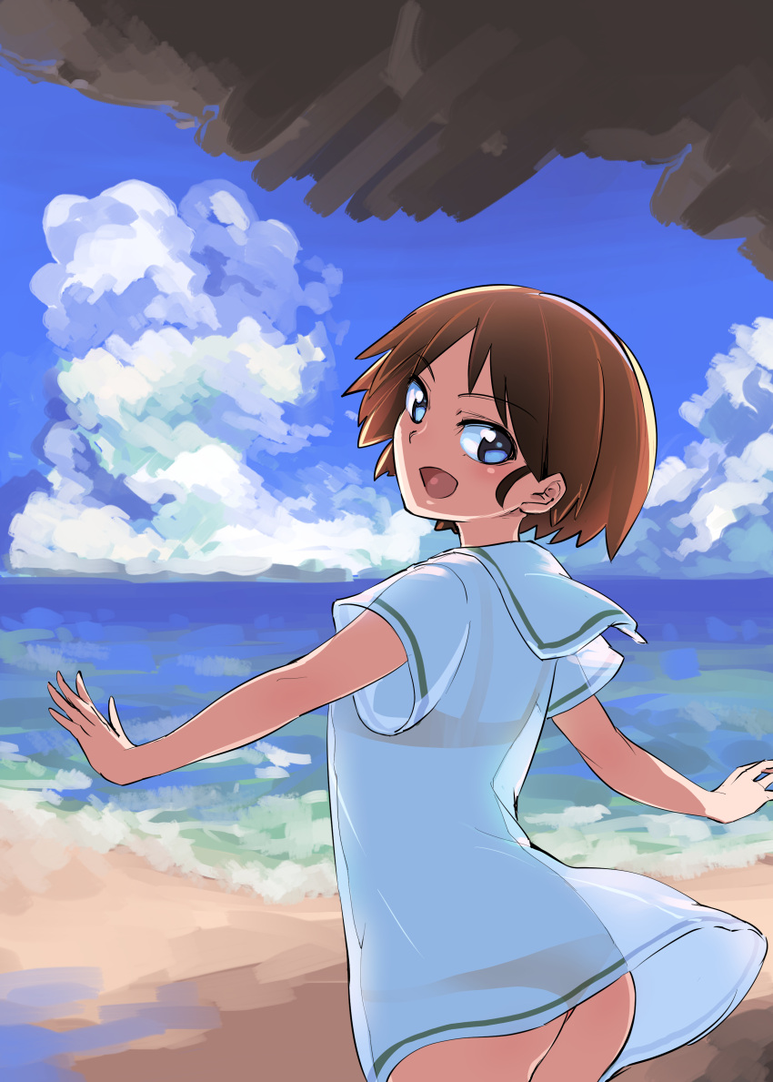 absurdres aomushi_(mushamusha) ass bangs beach blouse blue_eyes bra_strap brown_hair clouds cloudy_sky day eyebrows_visible_through_hair from_behind girls_und_panzer highres no_pants ocean ooarai_school_uniform open_mouth outdoors outstretched_arms panties red_panties sakaguchi_karina school_uniform see-through serafuku short_hair short_sleeves sketch sky smile spread_arms standing thong_panties underwear white_blouse