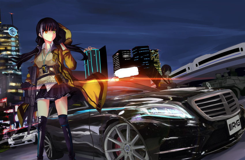 2girls assault_rifle black_gloves black_hair black_skirt blonde_hair building car city_lights commentary_request eyepatch girls_frontline gloves ground_vehicle gun headphones heterochromia highres holding holding_gun holding_weapon hood hooded_jacket jacket long_hair m16 m16a1_(girls_frontline) military military_vehicle motor_vehicle multicolored_hair multiple_girls necktie night orange_eyes police_car pouch rifle ro635 ro635_(girls_frontline) serious skirt streaked_hair striped striped_legwear sweater_vest thigh-highs tianyu_jifeng train trigger_discipline weapon white_hair yellow_eyes zettai_ryouiki