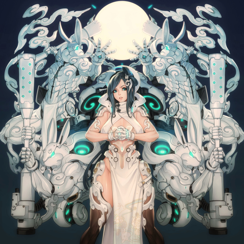 1girl absurdres aqua_eyes black_hair black_legwear breasts cleavage clenched_hand covered_navel gloves groin hair_ornament highres long_hair looking_at_viewer original parted_lips rabbit robot solo standing thigh-highs wei_(kaminari0411) white_gloves