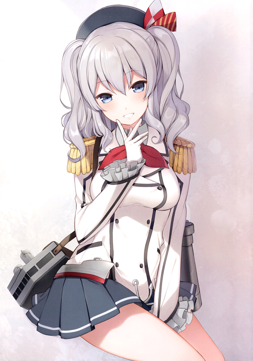 1girl 6u_(eternal_land) :d absurdres anchor beret black_skirt blue_eyes blush breasts buttons cowboy_shot epaulettes frilled_sleeves frills gloves hat heart highres kantai_collection kashima_(kantai_collection) kerchief long_sleeves looking_at_viewer medium_breasts military military_uniform miniskirt neckerchief open_mouth pleated_skirt sidelocks silver_hair skirt smile solo tsurime twintails uniform wavy_hair white_gloves