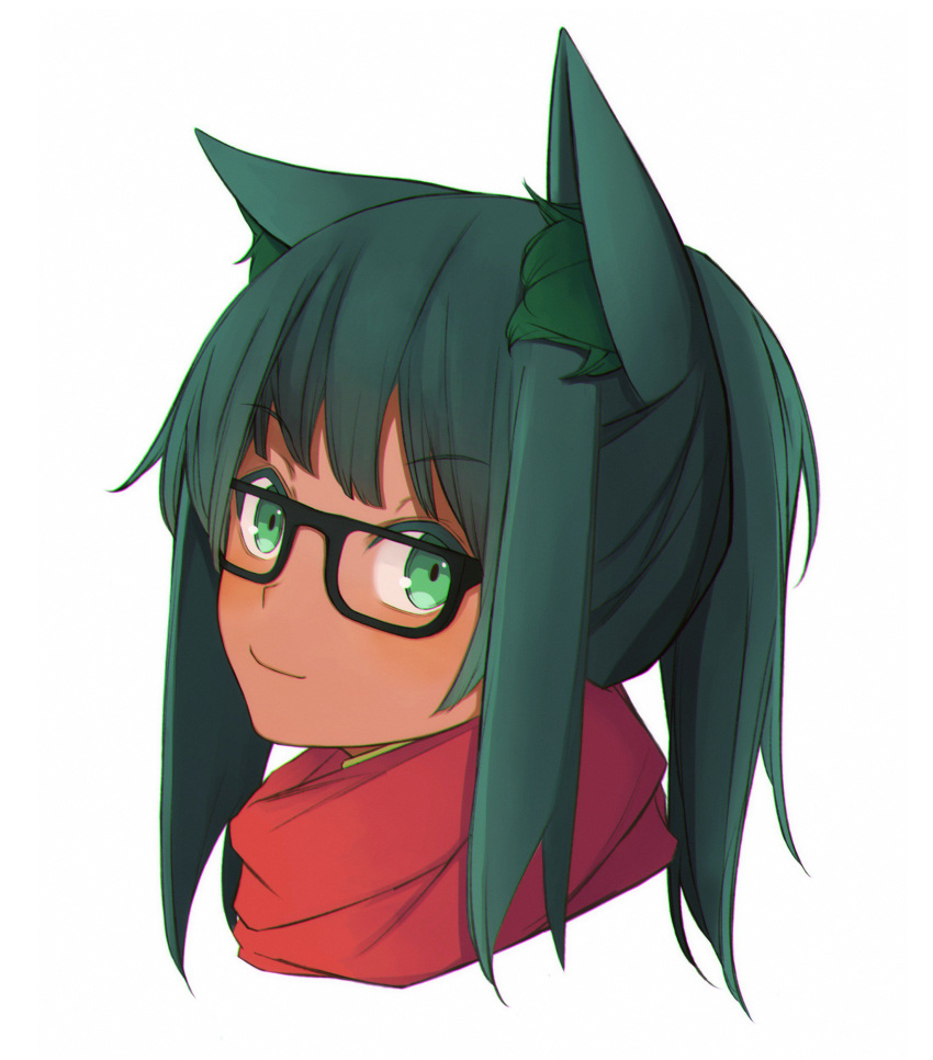 1girl absurdres alternate_costume animal_ears anubis_(monster_girl_encyclopedia) artist_request bangs black-framed_eyewear blush casual closed_mouth commission eyebrows_visible_through_hair glasses green_eyes green_hair highres long_hair looking_at_viewer monster_girl_encyclopedia ponytail portrait red_scarf scarf simple_background smile solo white_background wolf_ears