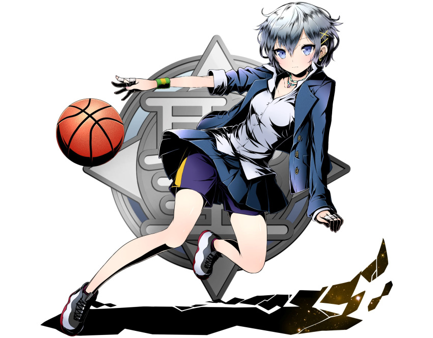 1girl bandage basketball blue_eyes blue_jacket blue_shorts blue_skirt collarbone divine_gate dress_shirt eyebrows_visible_through_hair full_body grey_shirt hair_between_eyes highres jacket jewelry looking_at_viewer miniskirt necklace open_clothes open_jacket pleated_skirt shadow shirt short_hair short_shorts shorts shorts_under_skirt silver_hair simple_background skirt solo ucmm white_background wrist_cuffs