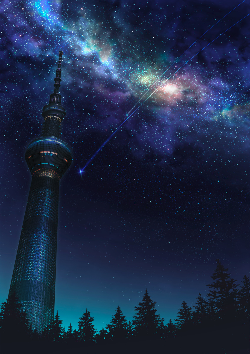 aruken commentary_request forest highres milky_way nature night night_sky no_humans original outdoors scenery shooting_star sky star_(sky) starry_sky tokyo_sky_tree tower tree
