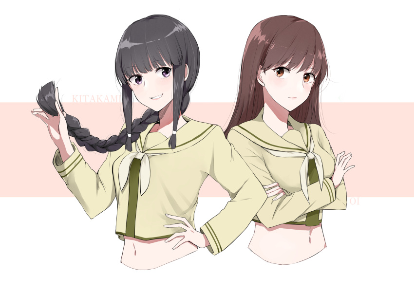 2girls black_hair braid brown_eyes brown_hair character_name crossed_arms grin hair_over_shoulder hand_on_hip highres holding holding_hair kantai_collection kitakami_(kantai_collection) long_hair midriff morinaga_(harumori) multiple_girls navel ooi_(kantai_collection) remodel_(kantai_collection) school_uniform serafuku single_braid smile violet_eyes