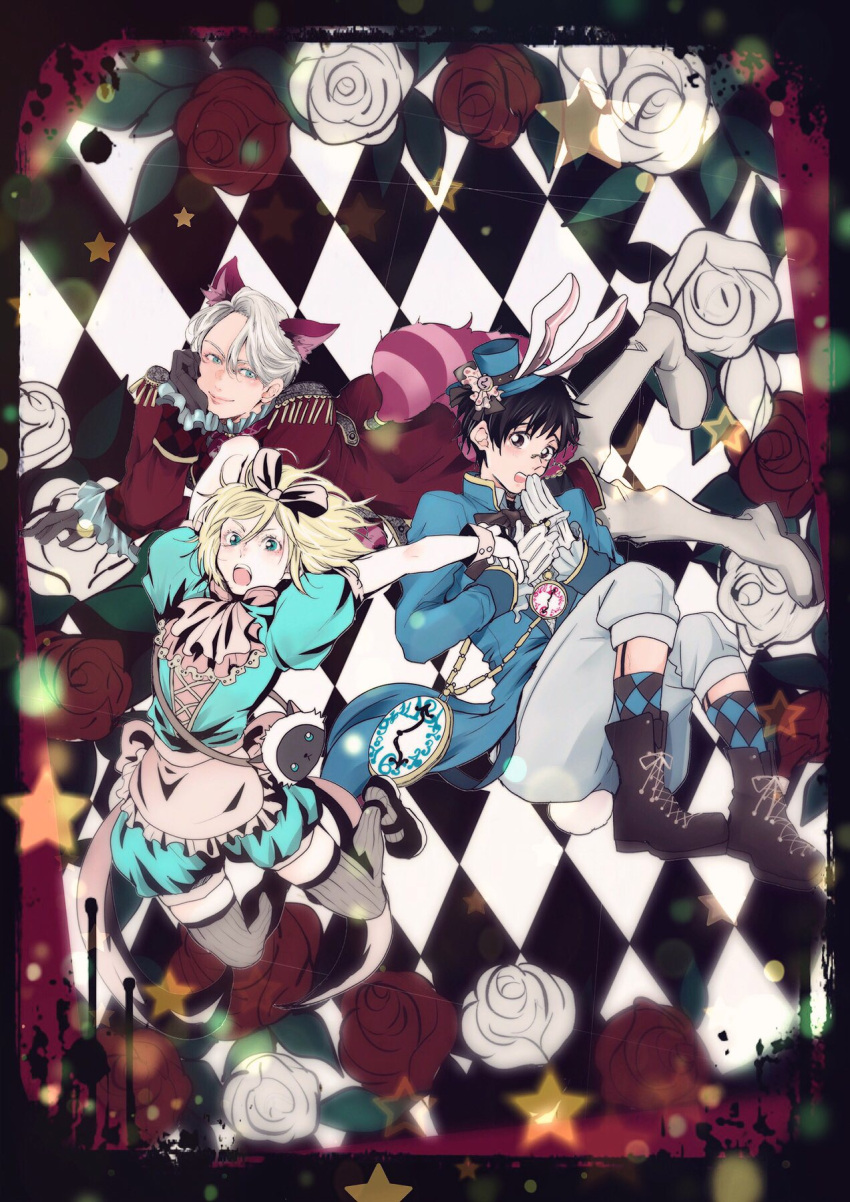 3boys :o alice_(wonderland) alice_(wonderland)_(cosplay) alice_in_wonderland animal_ears apron black_gloves black_hair blonde_hair blue_eyes boots bow brown_eyes brown_legwear bunny_tail cat_ears cat_tail checkered checkered_background cheshire_cat cheshire_cat_(cosplay) coat cosplay cross-laced_footwear epaulettes flower gloves green_eyes hair_bow hat highres katsuki_yuuri lace-up_boots male_focus mary_janes mini_hat mini_top_hat multiple_boys open_mouth pocket_watch puffy_shorts rabbit_ears red_rose rose saeko_(artist) shoes shorts silver_hair smile star tail thigh-highs top_hat viktor_nikiforov watch white_gloves white_rabbit white_rabbit_(cosplay) white_rose yuri!!!_on_ice yuri_plisetsky