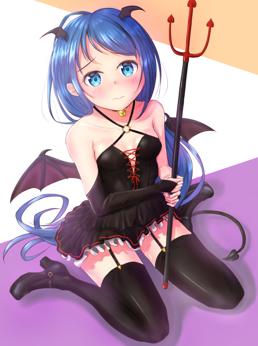 1girl aomi_one bangs bare_shoulders bell bell_collar black_dress black_footwear black_legwear blue_eyes blue_hair blush breasts bridal_gauntlets collar collarbone commentary_request demon_tail demon_wings dress elbow_gloves eyebrows_visible_through_hair garter_belt gloves halloween head_wings highres holding holding_weapon kantai_collection long_hair looking_at_viewer polearm pumps samidare_(kantai_collection) simple_background sitting small_breasts solo swept_bangs tail thigh-highs thighs trident very_long_hair wariza wavy_mouth weapon wings zettai_ryouiki