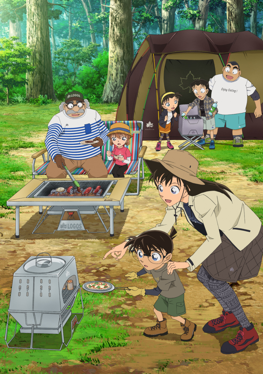 3girls 4boys :d agasa_hiroshi black_hair black_pants blue_eyes blue_ribbon blue_shorts brown_footwear brown_hair brown_pants brown_skirt day edogawa_conan facial_hair forest glasses gloves grey_shorts haibara_ai hand_on_another's_shoulder hat hat_ribbon highres index_finger_raised kojima_genta long_hair meitantei_conan mouri_ran multiple_boys multiple_girls mustache nature open_mouth outdoors pants pantyhose red_footwear ribbon shirt short_hair shorts sitting skirt smile standing striped tree tsuburaya_mitsuhiko very_short_hair visor_cap white_shirt yellow_gloves yellow_hairband yoshida_ayumi