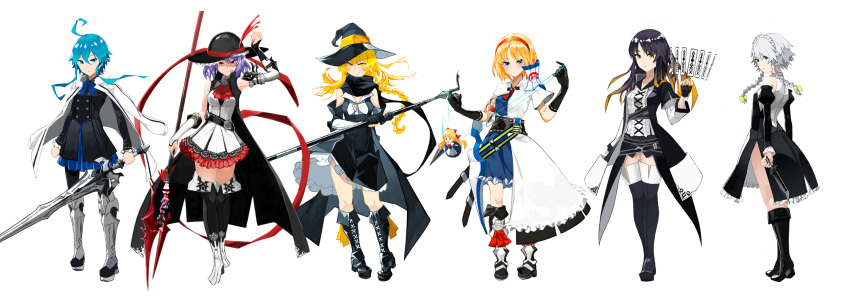 6+girls absurdres ahoge alice_margatroid alternate_costume alternate_hairstyle armor armpits black_footwear black_gloves blonde_hair blue_eyes blue_hair boots bow braid cross-laced_footwear detached_sleeves doll frilled_skirt frills full_body gloves gradient_hair green_bow hair_bow hairband hat hat_ribbon high_heel_boots high_heels highres hijiri_byakuren hinanawi_tenshi izayoi_sakuya jacket_on_shoulders kirisame_marisa knife lineup maid_headdress multicolored_hair multiple_girls nagae_iku ofuda polearm purple_hair red_eyes red_hairband ribbon shanghai_doll silver_hair simple_background skirt spear staff sword tantou tegami_(seka) thigh-highs thigh_boots touhou twin_braids weapon white_background witch_hat yellow_eyes zettai_ryouiki