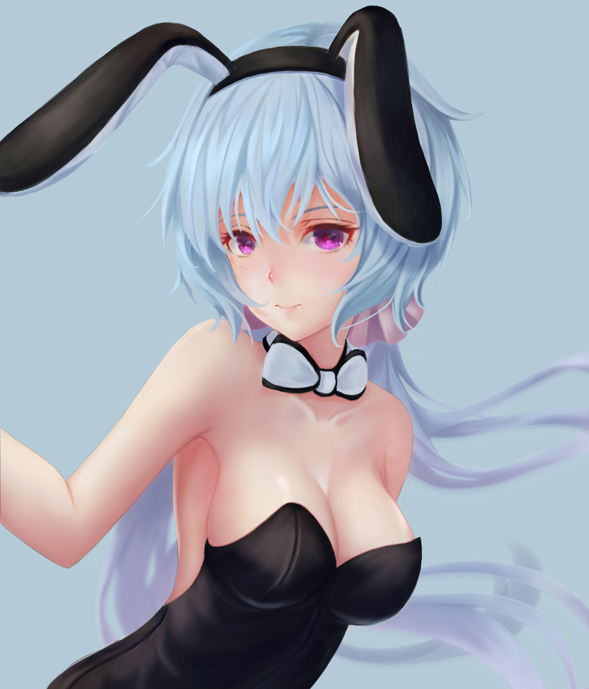 1girl animal_ears bangs bare_shoulders bent_elbow black_clothes blue_hair blush bow bowtie breasts bunnysuit cleavage closed_mouth collarbone eyebrows fake_animal_ears faker_(pili524) hairband highres large_breasts long_hair looking_at_viewer pink_eyes rabbit_ears senki_zesshou_symphogear solo upper_body white_neckwear yukine_chris