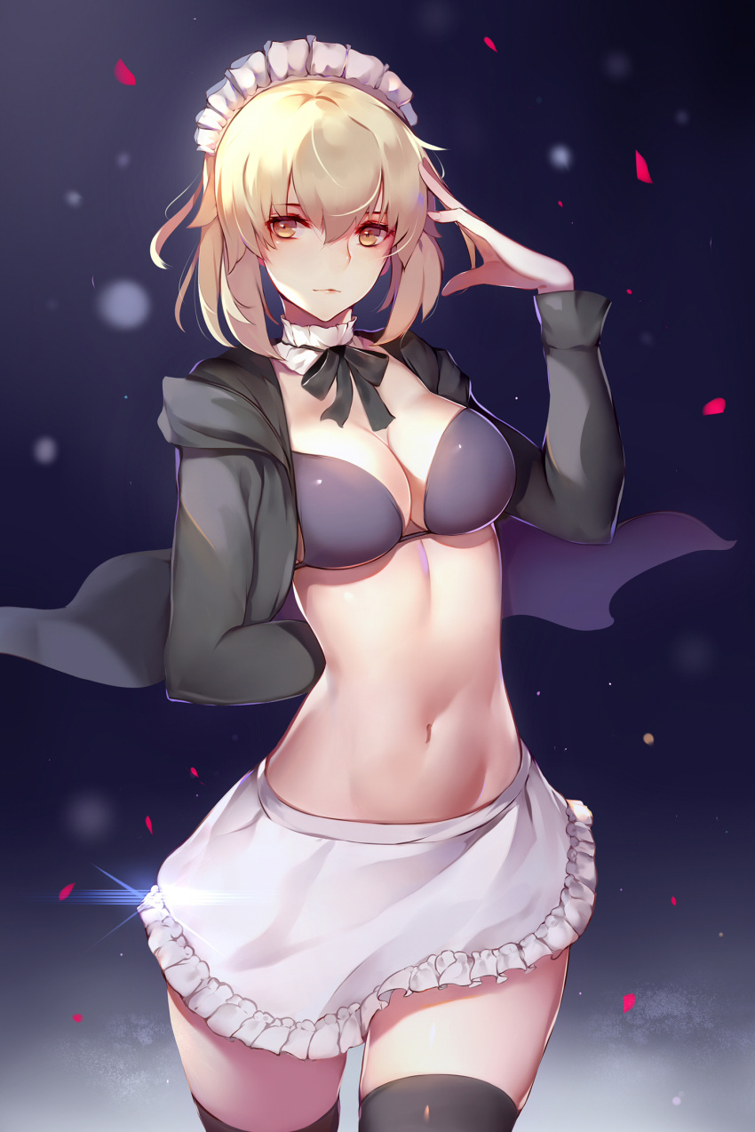 1girl apron arm_behind_back artoria_pendragon_(swimsuit_rider_alter)_(fate) ban_bu_bu_duou bikini bikini_top bikini_under_clothes black_bikini_top black_jacket black_legwear black_ribbon blonde_hair breasts cleavage closed_mouth cowboy_shot fate/grand_order fate_(series) frilled_apron frills gradient gradient_background hand_up highres hood hood_down hooded_jacket jacket large_breasts long_sleeves looking_at_viewer maid_headdress navel neck_ribbon petals purple_background ribbon short_hair smile solo standing stomach swimsuit thigh-highs thighs waist_apron white_apron yellow_eyes zettai_ryouiki