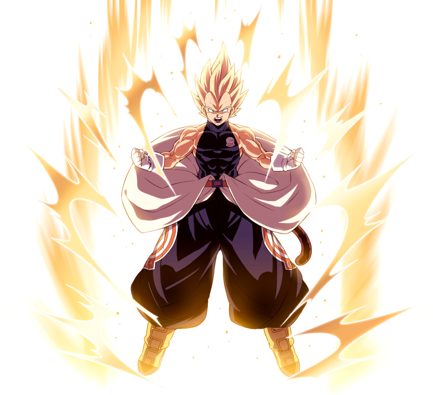 1boy abs aura bare_shoulders belt black_shirt blonde_hair boots dragon_ball dragon_ball_super gloves green_eyes highres impossible_clothes male_focus monkey_tail muscle official_style open_mouth puffy_pants shirt sleeveless sleeveless_shirt solo spiky_hair super_saiyan tail tasaka_shinnosuke vegeta white_background white_gloves