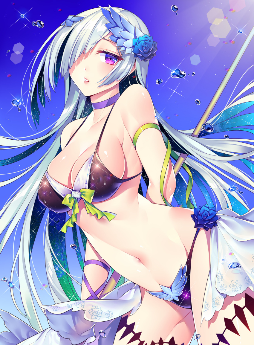 1girl absurdres arm_behind_back bare_shoulders bikini blue_hair blue_rose blue_sky blush bow breasts choker cleavage cowboy_shot day fate/prototype fate_(series) flower green_bow hair_flower hair_ornament hair_over_one_eye highres lancer_(fate/prototype_fragments) leaning_forward light_rays lips long_hair looking_at_viewer may_(2747513627) medium_breasts multicolored_hair navel outdoors parted_lips purple_bikini purple_neckwear rose shiny shiny_skin silver_hair sky solo sparkle staff standing stomach sunbeam sunlight swimsuit thigh_strap thighs two-tone_hair very_long_hair violet_eyes waist_cape water water_drop wrist_wraps