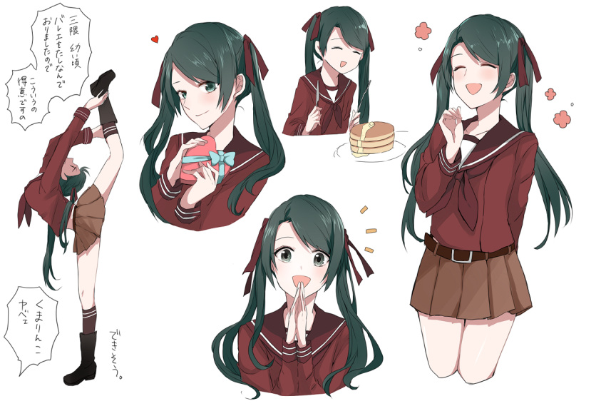 1girl :d ^_^ belt blush boots butter closed_eyes food fork gift green_eyes green_hair hair_ribbon heart-shaped_box holding holding_gift kantai_collection kneehighs knife long_hair mikuma_(kantai_collection) morinaga_(harumori) multiple_views open_mouth own_hands_together pancake pleated_skirt ribbon school_uniform serafuku simple_background skirt smile stretch translation_request twintails white_background